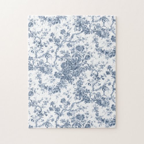Elegant Vintage French Engraved Floral Toile_Blue Jigsaw Puzzle