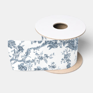 Elegant Vintage French Engraved Floral Toile-Blue Satin Ribbon
