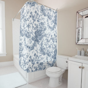 Elegant Vintage French Engraved Floral Toile-Blue Shower Curtain