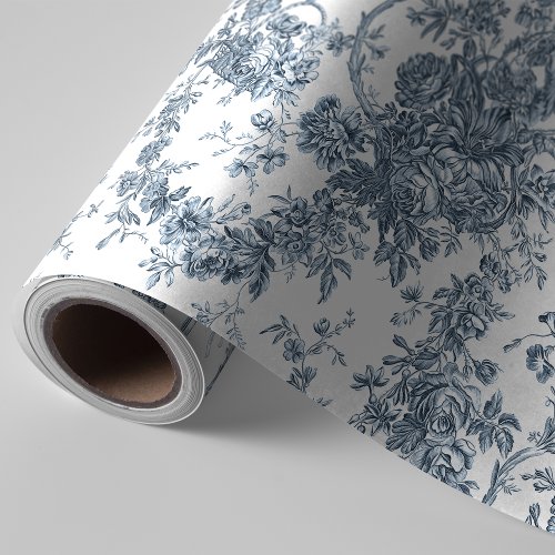 Elegant Vintage French Engraved Floral Toile_Blue Wrapping Paper