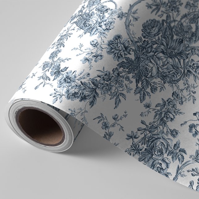 Elegant Vintage French Engraved Floral Toile-Blue Wrapping Paper (Creator Uploaded)