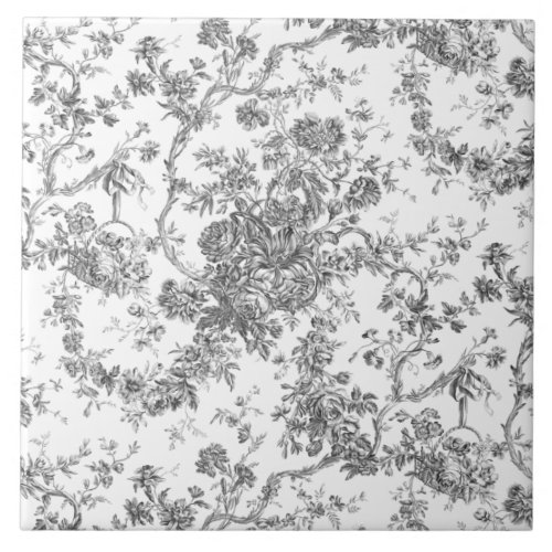 Elegant Vintage French Engraved Floral Toile_Grey Ceramic Tile