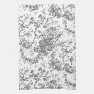 Elegant Vintage French Engraved Floral Toile-Grey Kitchen Towel