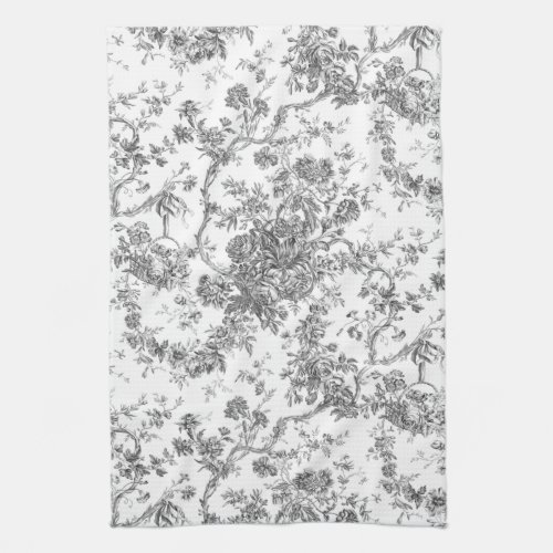 Elegant Vintage French Engraved Floral Toile_Grey Kitchen Towel