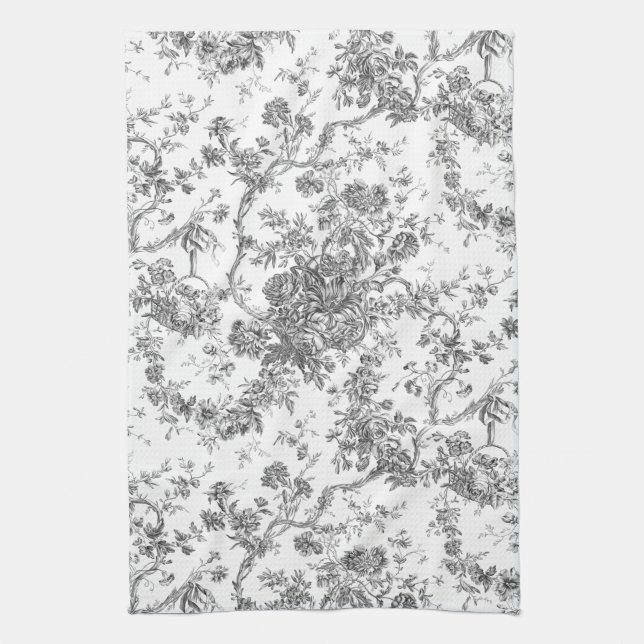 Elegant Vintage French Engraved Floral Toile-Grey Kitchen Towel (Vertical)