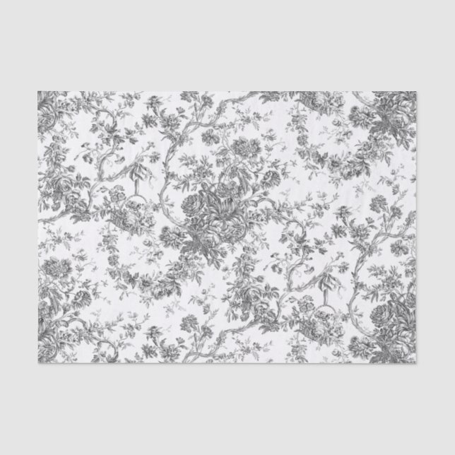 Elegant Vintage French Engraved Floral Toile-Grey Tissue Paper (Front)