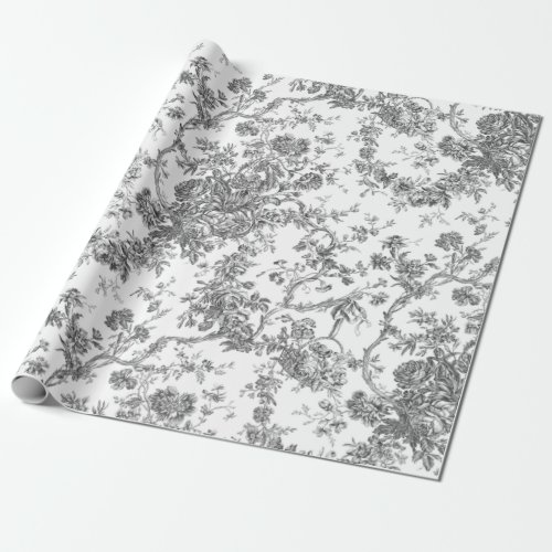 Elegant Vintage French Engraved Floral Toile_Grey Wrapping Paper