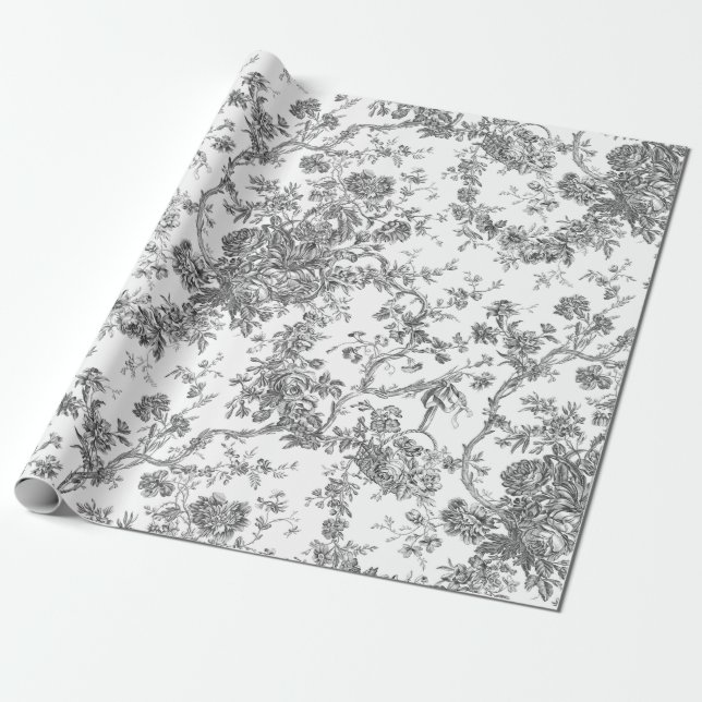 Elegant Vintage French Engraved Floral Toile-Grey Wrapping Paper (Unrolled)