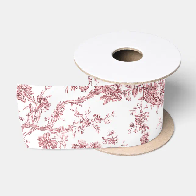 Elegant Vintage French Engraved Floral Toile-Pink Satin Ribbon | Zazzle