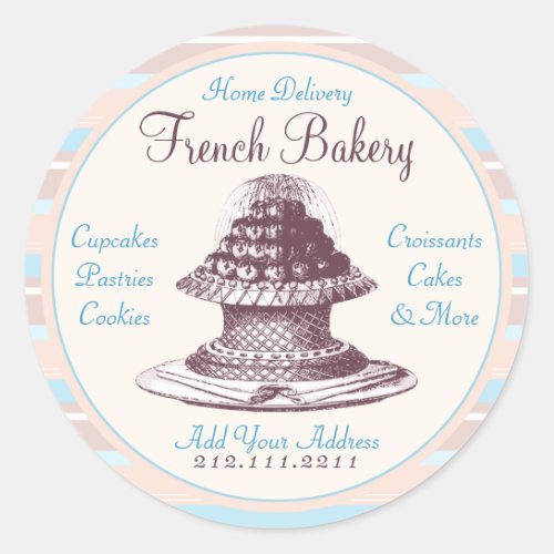 Elegant Vintage French Pastries Bakery Peach Stri Classic Round Sticker