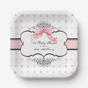 Elegant Vintage French Pink Ribbon Bow Baby Girl Paper Plates