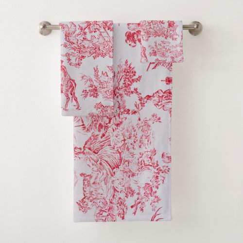 Elegant Vintage French  Pink Toile De Jouy Pattern Bath Towel Set