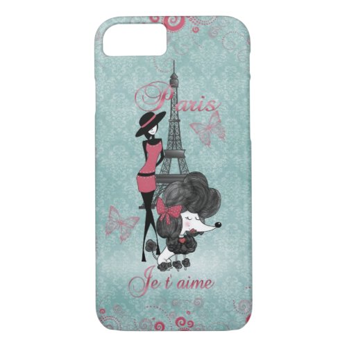 Elegant vintage French poodle girls silhouette iPhone 87 Case