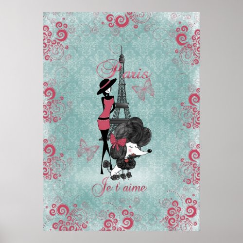Elegant vintage French poodle girls silhouette Poster