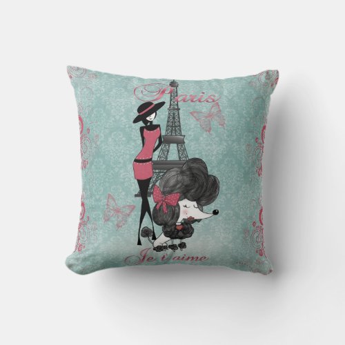 Elegant vintage French poodle girls silhouette Throw Pillow