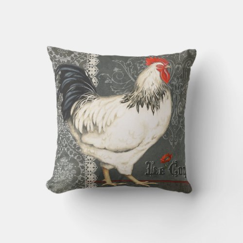 Elegant vintage French Rooster black grey  white Throw Pillow