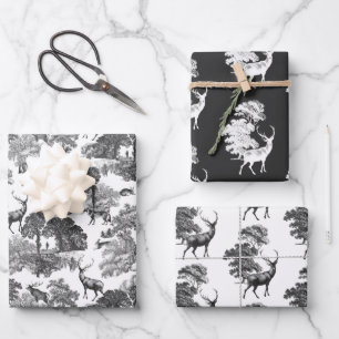 Elegant Vintage French Toile Deer Fox in Woodland Wrapping Paper Sheets