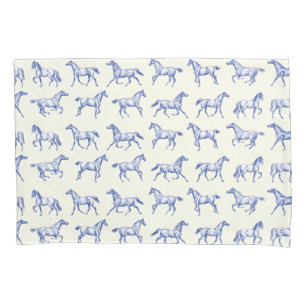 Elegant Vintage Galloping Horses Blue Toile Pillow Case
