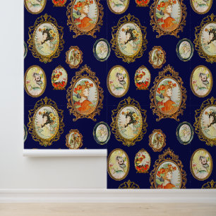 Elegant Vintage Girl Portrait Flowers Framed Navy Wallpaper