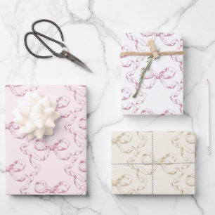 Elegant Vintage Girly Preppy Bows Pink Toile Wrapping Paper Sheets