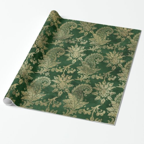 Elegant Vintage Glam Green Gold Paisley Pattern Wrapping Paper
