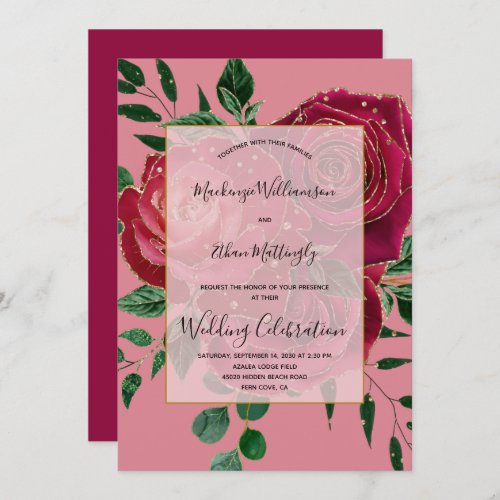 Elegant Vintage Glam Red Pink Gold Roses Wedding Invitation