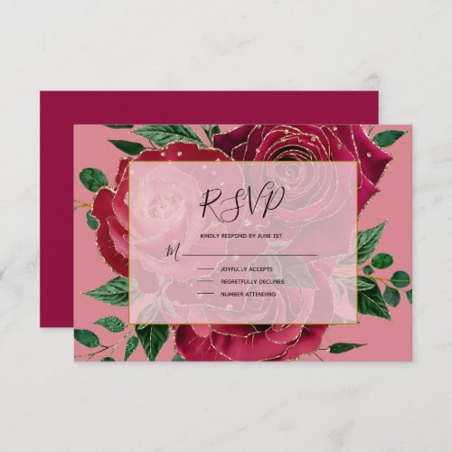 Elegant Vintage Glam Red Pink Gold Roses Wedding RSVP Card