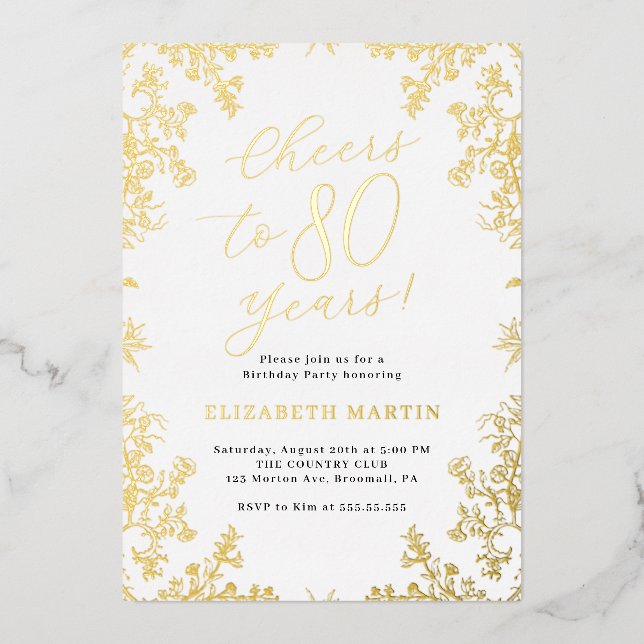 Elegant Vintage Gold 80th Birthday  Foil Invitation (Front)