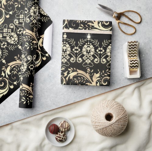 Elegant vintage gold black damask pattern wrapping paper