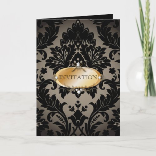 Elegant vintage Gold black formal damask Wedding Invitation