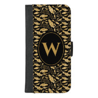 Elegant Vintage Gold Black Monogram Leaf Pattern iPhone 8/7 Plus Wallet Case