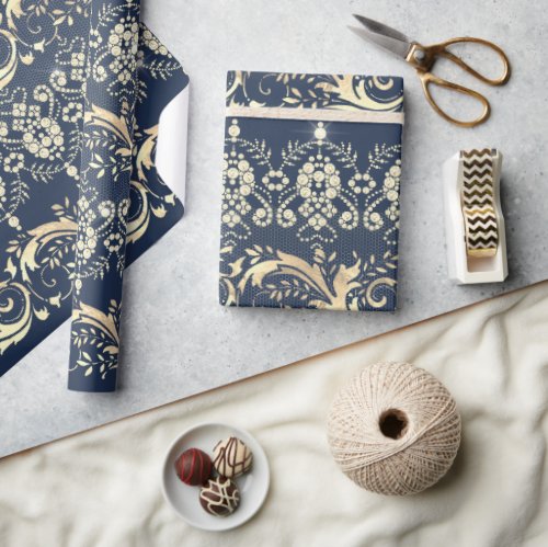 Elegant vintage gold blue damask pattern wrapping paper