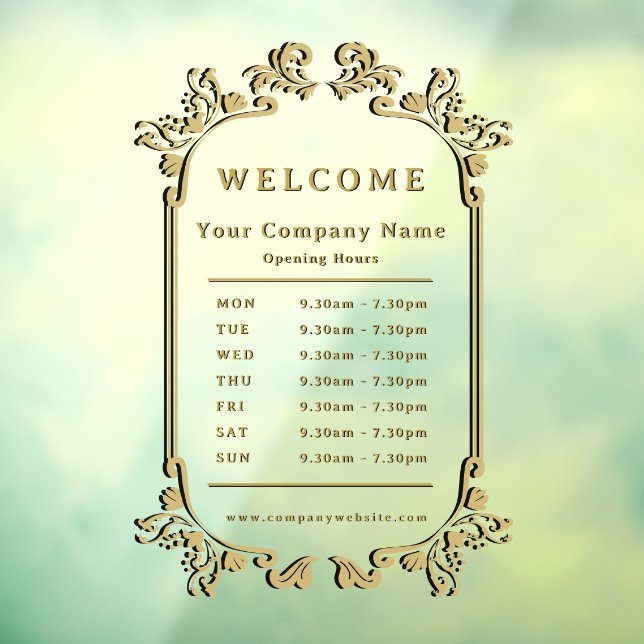 Elegant Vintage Gold Border Welcome Opening Hours Window Cling (Sheet 3)