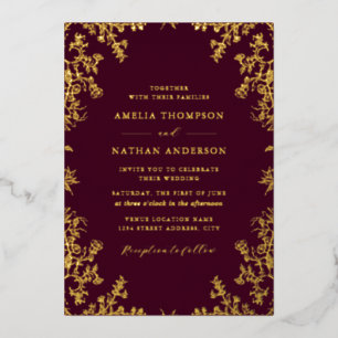 Elegant Vintage Gold Burgundy Wedding Foil Invitation