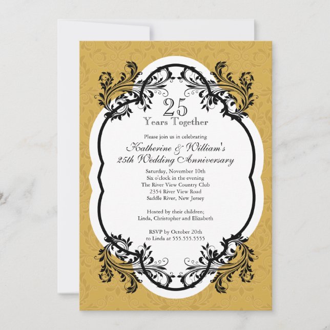 Elegant Vintage Gold Damask Anniversary Party Invitation (Front)