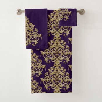 Elegant Vintage Gold Damask Purple Bath Towel Set by Susang6 at Zazzle