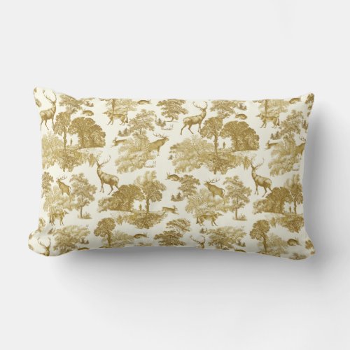 Elegant Vintage Gold Deer Fox Hare Country Toile Lumbar Pillow