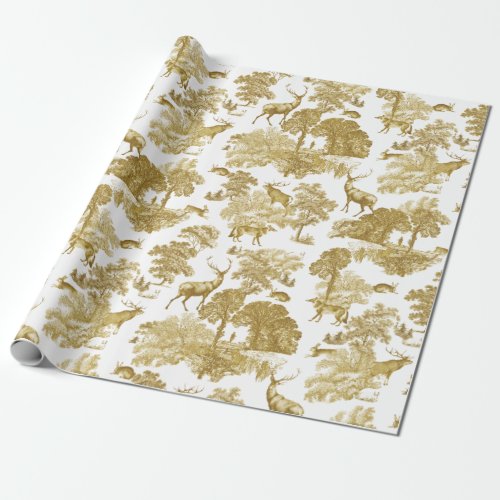 Elegant Vintage Gold Deer Fox Hare Country Toile Wrapping Paper