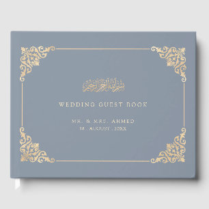 Elegant Vintage Gold Dusty Blue Muslim Wedding Guest Book