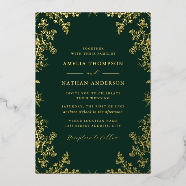 Elegant Vintage Gold Emerald Wedding  Foil Invitation (Front)