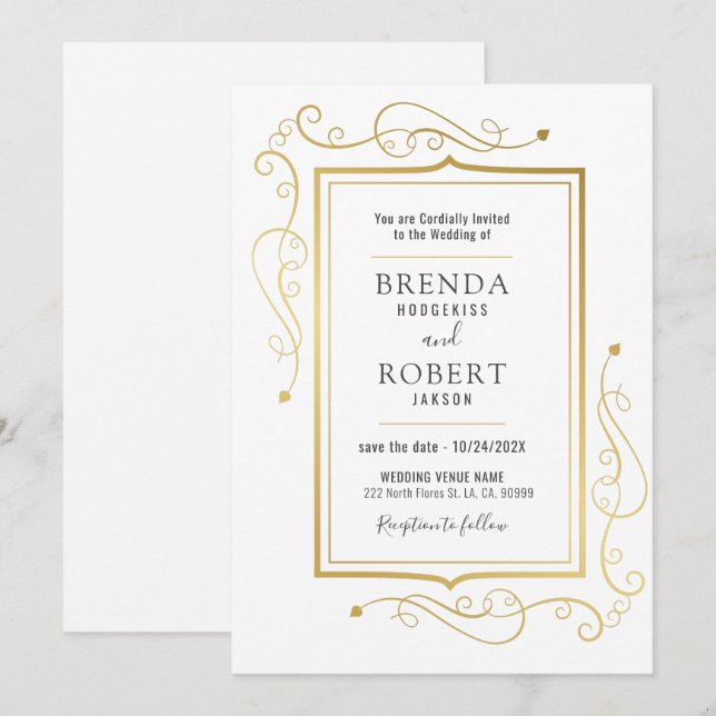 Elegant vintage gold frame on white background invitation (Front/Back)