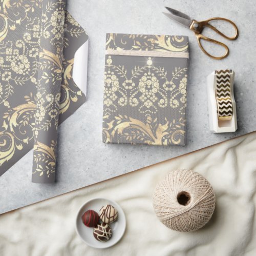 Elegant vintage gold grey damask pattern wrapping paper