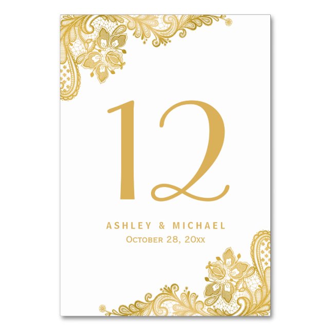 Elegant Vintage Gold Lace Wedding Table Number (Front)