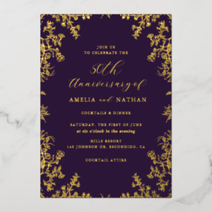 Elegant Vintage Gold Purple 50th Anniversary Party Foil Invitation