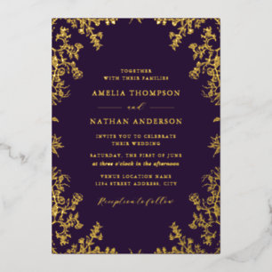 Elegant Vintage Gold Purple Wedding Foil Invitation