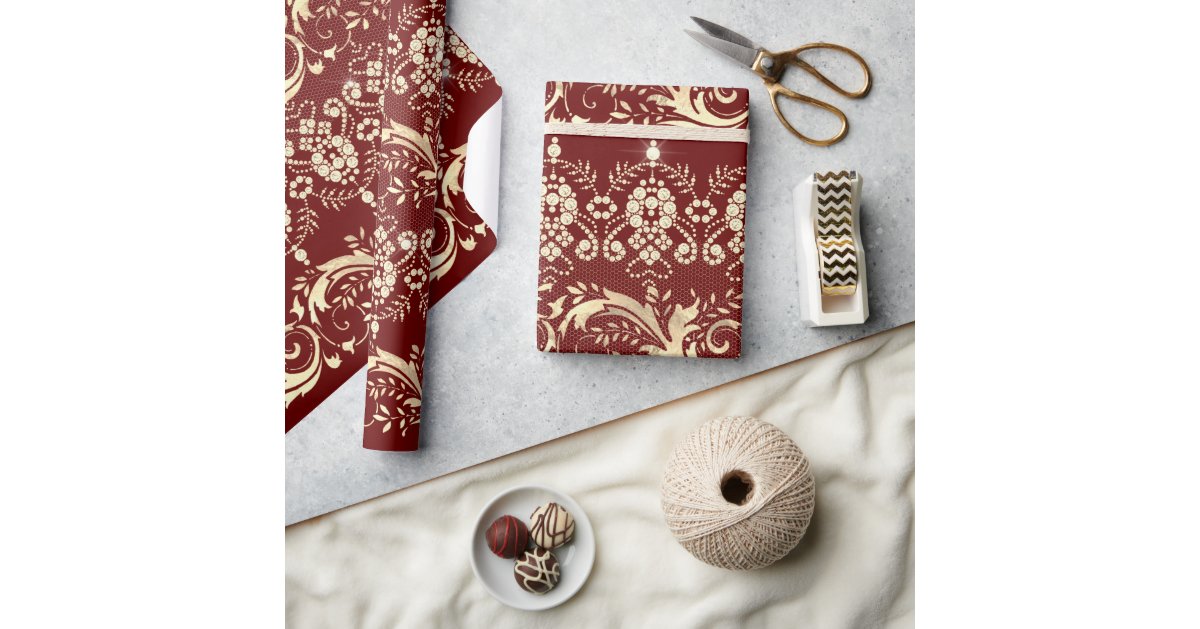 Elegant Vintage Red and Gold Royal Damask Pattern Wrapping Paper