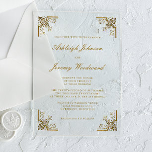Elegant Vintage Gold Script Ornate Corners Wedding Acrylic Invitations