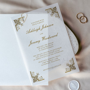 Elegant Vintage Gold Script Ornate Corners Wedding Vellum Invitations