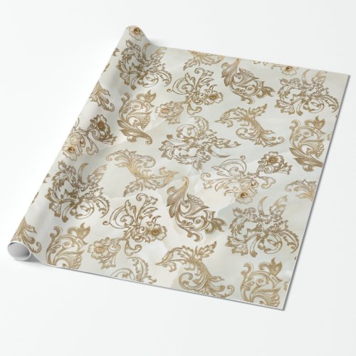 Elegant Vintage Gold Scrolls on Faux Marble Wrapping Paper