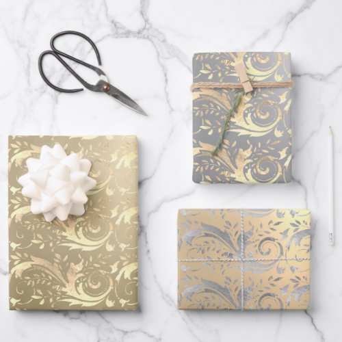 Elegant vintage gold silver damask pattern wrapping paper sheets